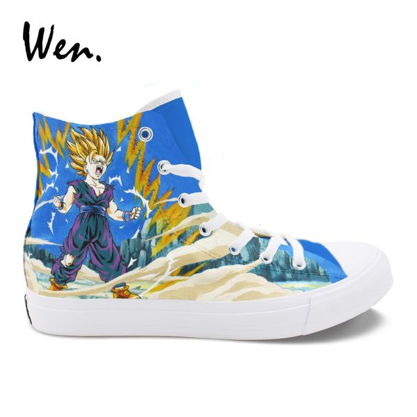 

wen custom canvas shoes dragon ball super saiyan son goku hand painted shoes sneakers men women high espadrilles flat loafer, Black