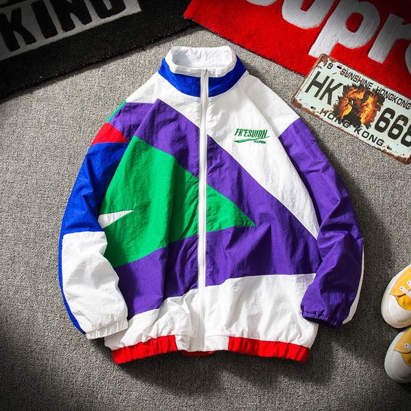 

japanese streetwear jacket men retro color stitching full zip windbreaker jacket spring autumn fashion casual hip hop coat v191202, Black;brown