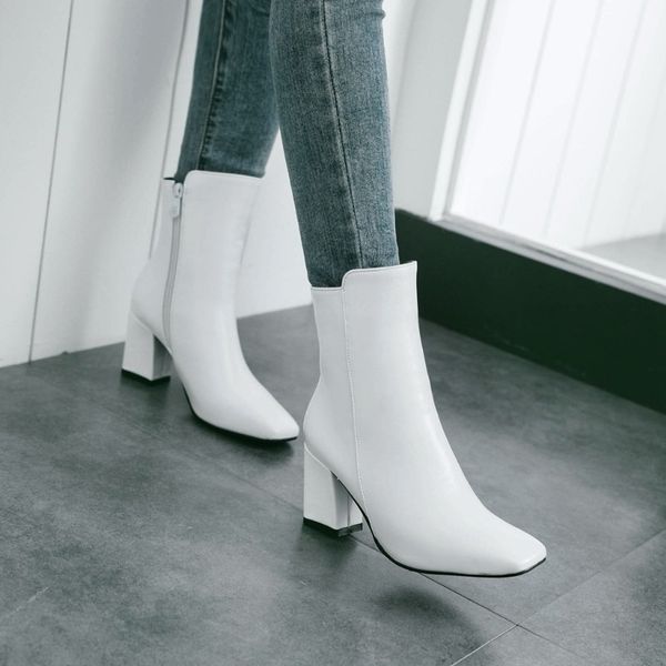 

women's ankle boots warm winter ladies square high heels elegant fashion shoes woman square toe zip pumps footwear botas 886, Black