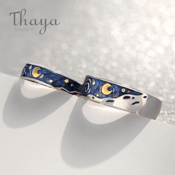 

thaya van gogh's enamel couple rings sky star moon s925 silver glitter rings engagement ring wedding jewelry for women ly191217, Slivery;golden