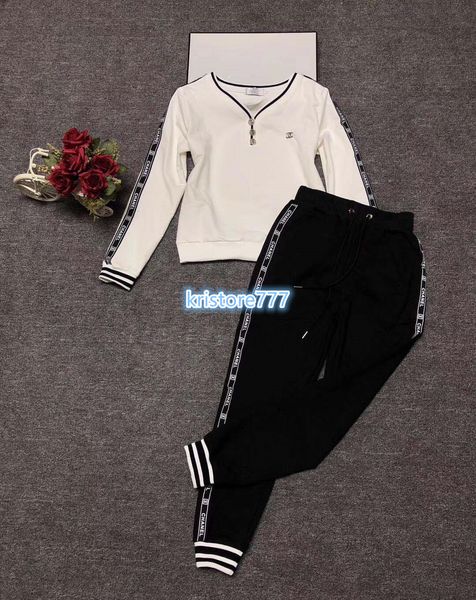 

women's luxury design activewear letters on jersey tracksuit two piece pants vintage v-neck sweatshirt +long trouser pants shirts set, White