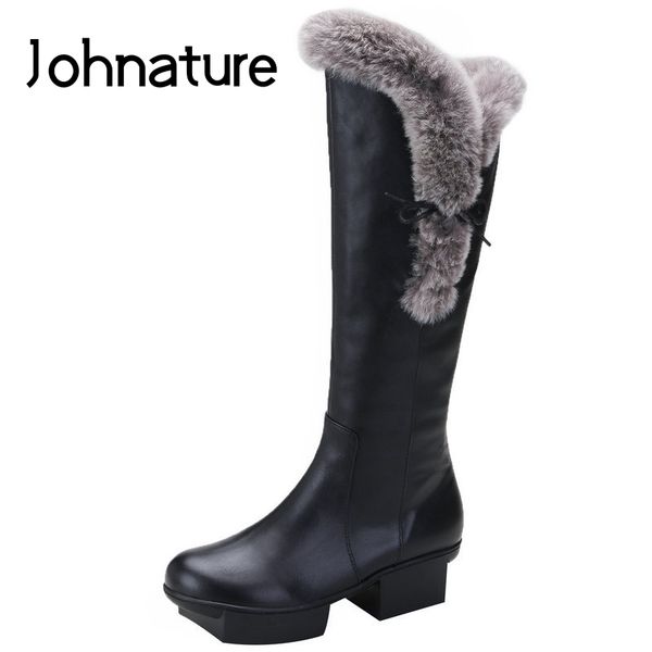 

johnature knee high boots 2019 new winter women shoes genuine leather strange style round toe fur sewing platform boots, Black