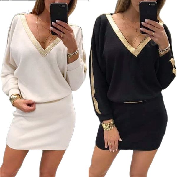 

женщины бинты bodycon вечер платье партии белый черный осень весна ретро с длинным рукавом v-образным вырезом платья мини карандаш платья ve, Black;gray