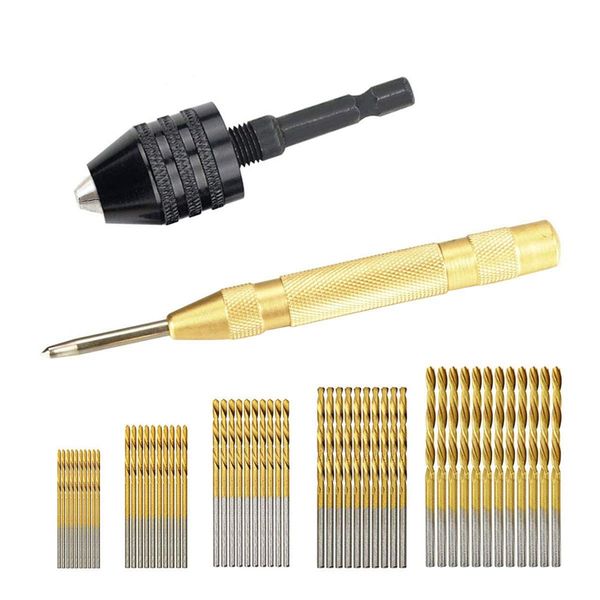 

1/4 inch hex shank keyless drill chuck quick change drill adapter (0.3-6.5mm) with 50 pcs twist bit set and automatic punc