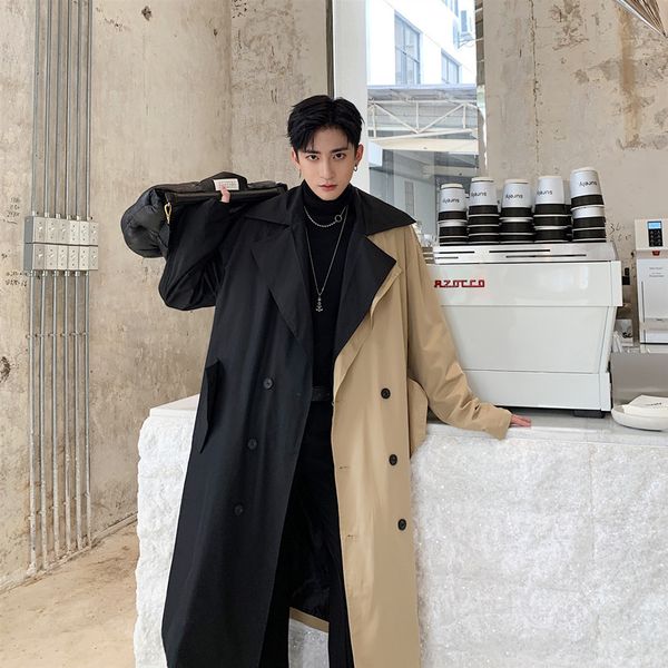 

2019 autumn and winter new korean men's fashionloose lightluxury foreignstyle stitching wild trend long-sleeved long windbreaker, Tan;black