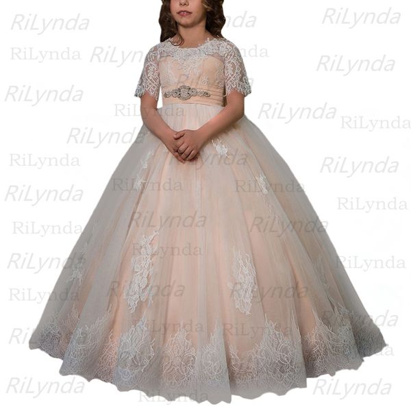 

new first communion dresses for girls champagne o-neck sleeveless ball gown lace appliques flower girl dresses for weddings, Red;yellow