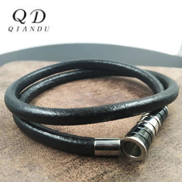 

qian du men's stainless steel non-adjustable magnetic buckle leather rope jewelry men's stainless steel punk leather bracelet, Black