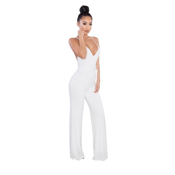 

fashion rompers womens jumpsuit 2019 new arrival solid spaghetti strap backless lace up deep v loose nightclub jumpsuit, Black;white