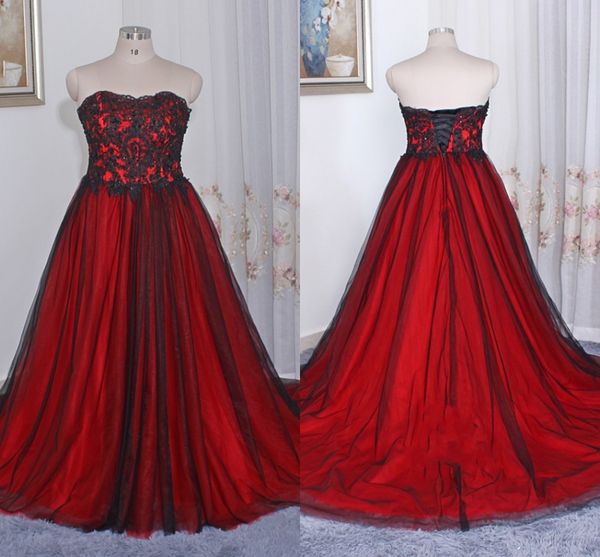 Plus Size Schwarz Rot Brautkleider Nach Maß Trägerlose Spitze Perlen Korsett Zurück Brautkleider Frauen Hochzeitskleid Vestidos De Novia