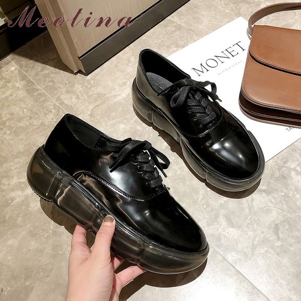 

meotina autumn flats women natural genuine leather flat platform shoes real leather lace up round toe shoes ladies black size 39
