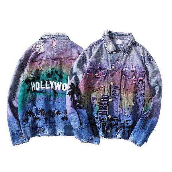 

mens denim jeans painted hollywood colorful jackets coat ripped outwear hip-hop street punk slim fit, Black;brown