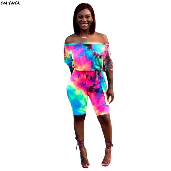 

2020 women summer tie dye print off shoulder wrist sleeve high wasit sashes knee length jumpsuit romper playsuit gls3593, White
