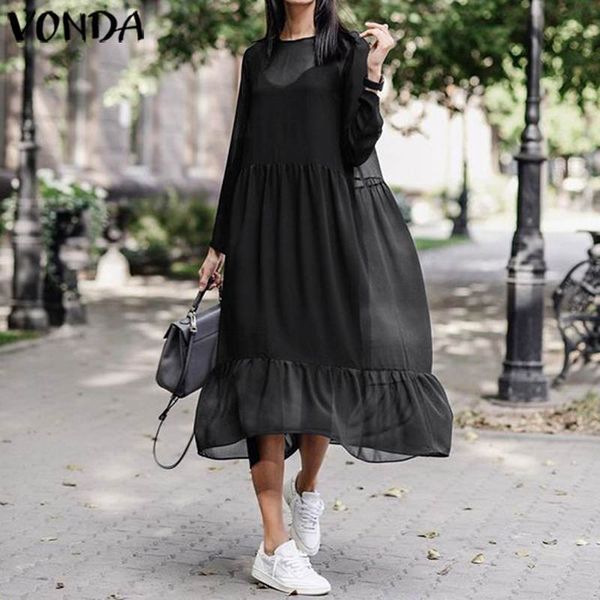 

vonda women autumn long maxi dress fashion sundress with one strap long sleeve shirt dress party vestidos plus size robe femme, Black;gray