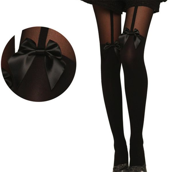 

women velvet tights fake high stocking pantyhose mock bow suspender high knee tattoo tights popular in japan girl, Black;white