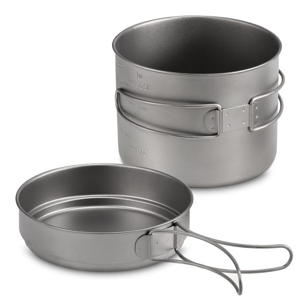 

1100ml/ 600ml titanium pot pan set super lightweight outdoor camping cookware set portable cooking tool with folding handle