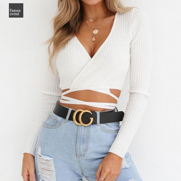

v шеи длинным рукавом женщин осень кружева sexy wrap up shirt ребристые зима топы женщин, White