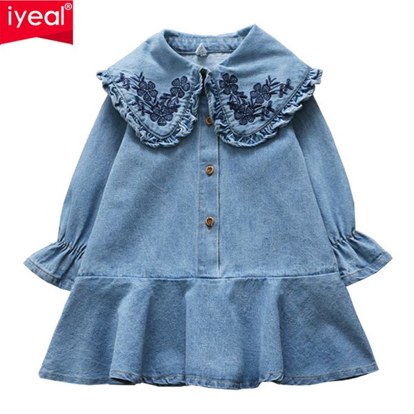 

iyeal baby girls kid denim embroidery peter pan collar long sleeve dresses toddler baby kids girls clothes for 2-7 years, Red;yellow