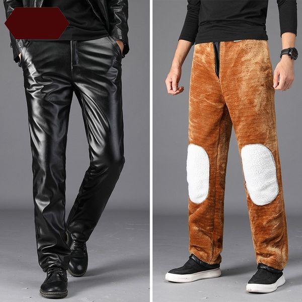 

mens winter fleece lining pu leather pants windproof straight loose fit motorcycle long trousers plus size faux leather pants, Black
