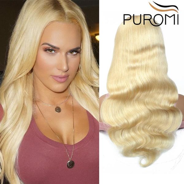 

puromi hair 13x4 lace front human hair wigs 613 honey blonde body wave wigs brazilian remy human for black women, Black;brown