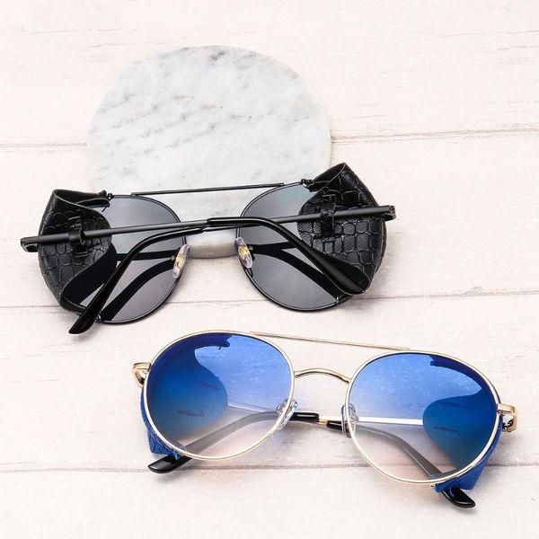 

steampunk round metal round frame leather side protection sunglasses for men women, White;black