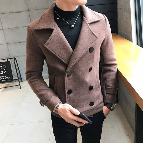 

2019 new fashion men double-breasted windbreaker solid color slim short woolen coat winter casual warm windbreaker coat size 5xl, Black