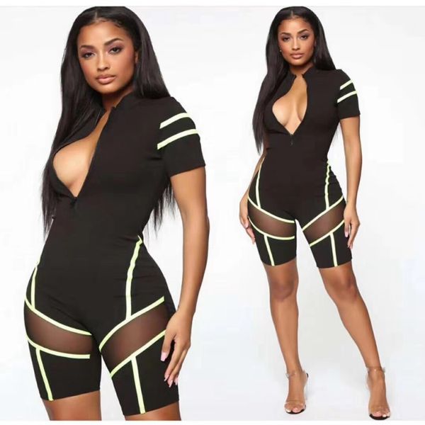 

2019 black mesh short sleeve bandage playsuit patchwokr bodycon women summer v neck clubwear good quality festa, Black;white