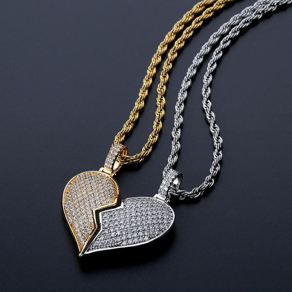 

18k gold & white gold plated cz cublic zirconia removable broken heart pendant lovers necklace men and womens hip hop jewelry for couples, Silver