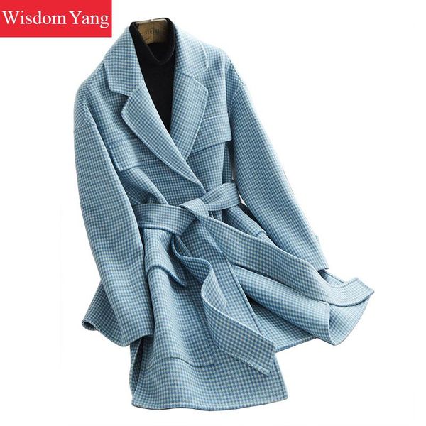 

elegant winter warm coat blue plaid sheep wool coats pockets button womens korean belt casual oversize woolen overcoat outerwear, Black