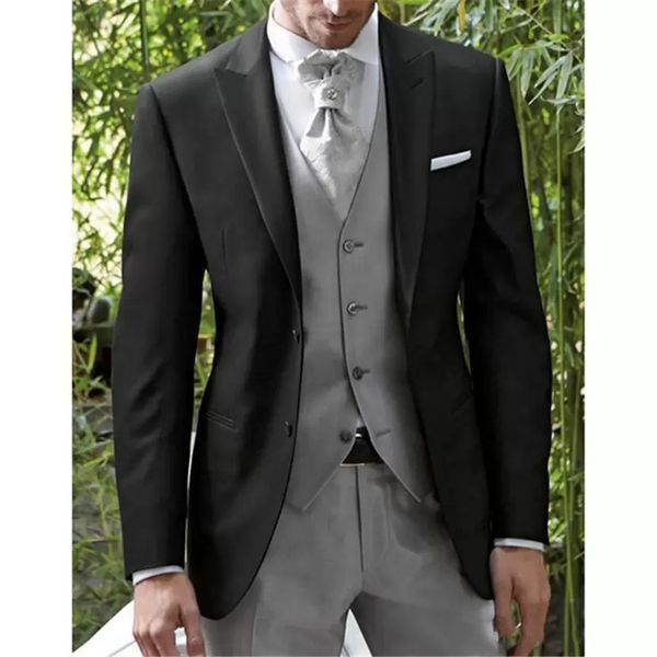 

recommend black groom tuxedos peak lapel men formal suits business men wear wedding prom dinner suits (jacket+pants+tie+vest) 622, Black;gray