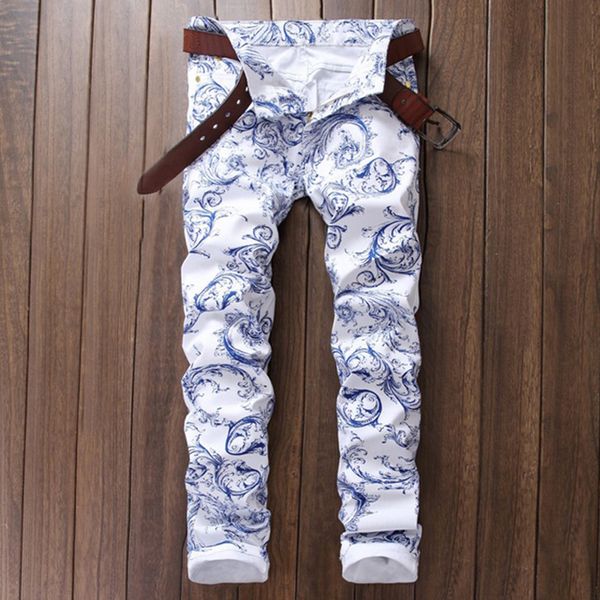 

2019 New Men Jeans 3D Pattern Printing Jeans Men's Skinny Pants Slim White Stretch Fashion Designer Denim Pants Size 29-38
