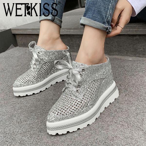 

wetkiss 2019 new pumps women high heels wedges pumps woman summer bling shoes lace up cutout shoes platform mules shoes female, Black