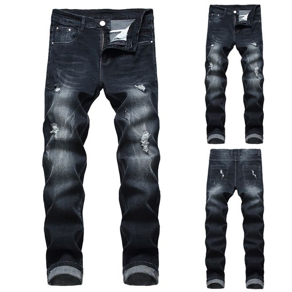 

2019 Simple Casual Jeans Hole Fold Striped Pants Men's Stretchy Ripped Skinny Biker Jeans Destroyed Taped Slim Denim Pants#7