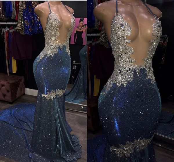 Abiti da ballo sexy a sirena Costosi paillettes scintillanti Applique in raso Halter in rilievo V aperto sul retro Ragazze nere Abito da sera africano lungo