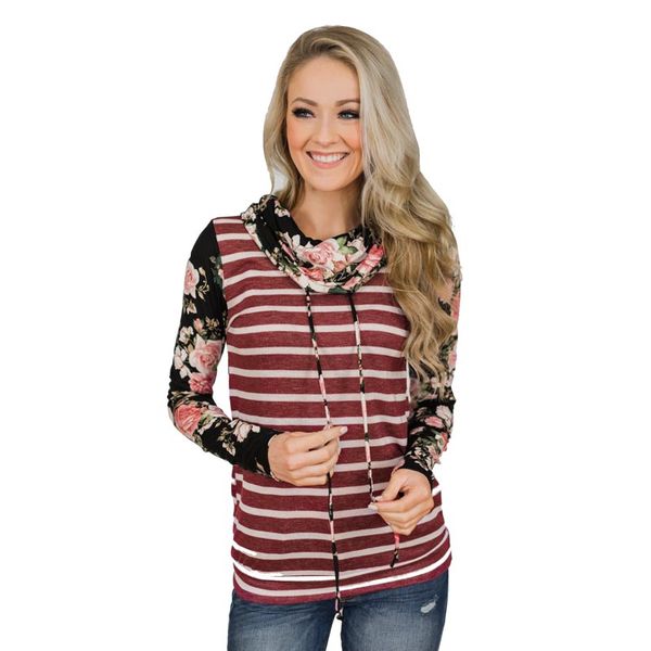 

women sweatshirt ladies stripe long sleeve t-shirt women pullover pile collar flower printing splice sleeve collar band 6, White