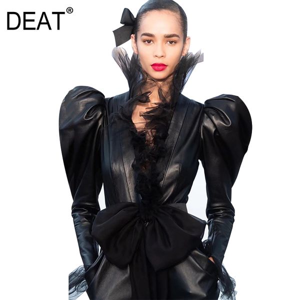 

deat 2019 новая осень и зима v-образным вырезом flare рукава оборками сетки органзы кожа pu высокой талией короткие куртки 19f-a117-01, Black;brown