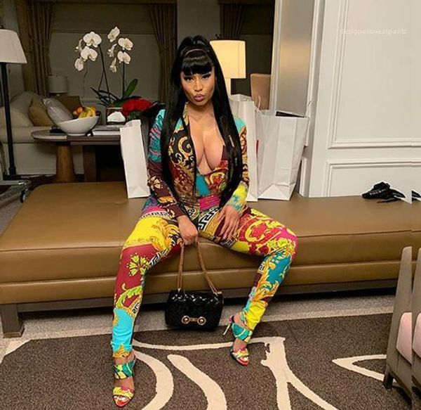 

sleeve v neck american rap singer nicki minaj female clothing women designer jumpsuits pattern slim long, Black;white