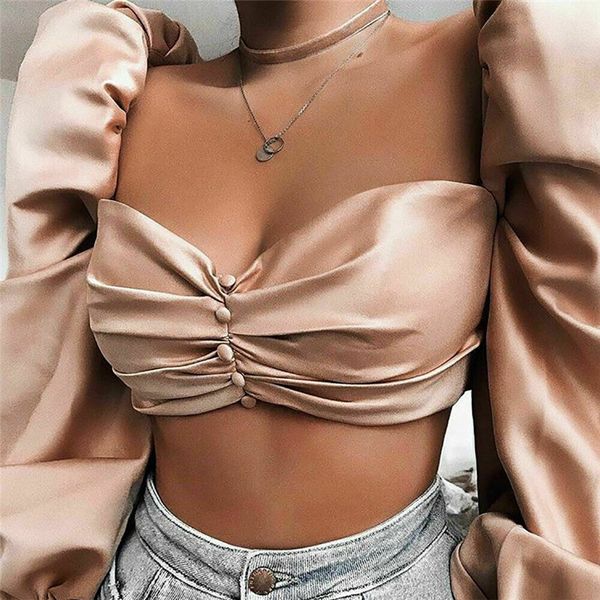 

autumn spring mesh spliced blouses women lady strapless push-up long sleeve solid shirt cropped clothes high street elegant, White