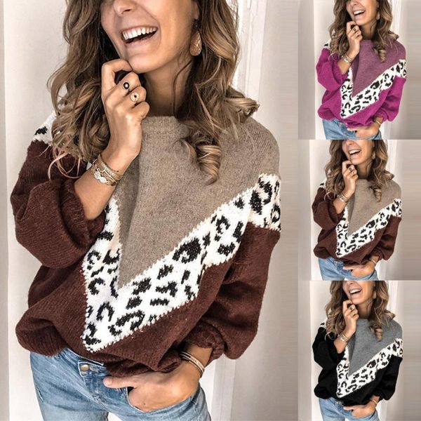 

women's sweaters fashion women o-neck long sleeve leoaprd print patchwork knitted warm sweater drop 2021 winter retro trend size, White;black