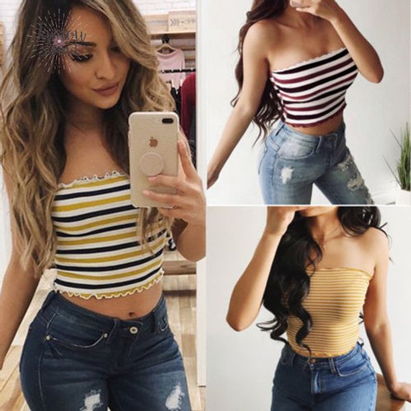 

горячие crop top женская полосатый плеча тис танки дамы бандо рукавов эластичный хлопок ruffles camis топы женский пляжный костюм, White
