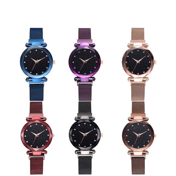 

4 styles luxury quartz stainless steel band magnet buckle starry sky analog wrist watch for women 2019 fashion trends dress watches, Slivery;brown