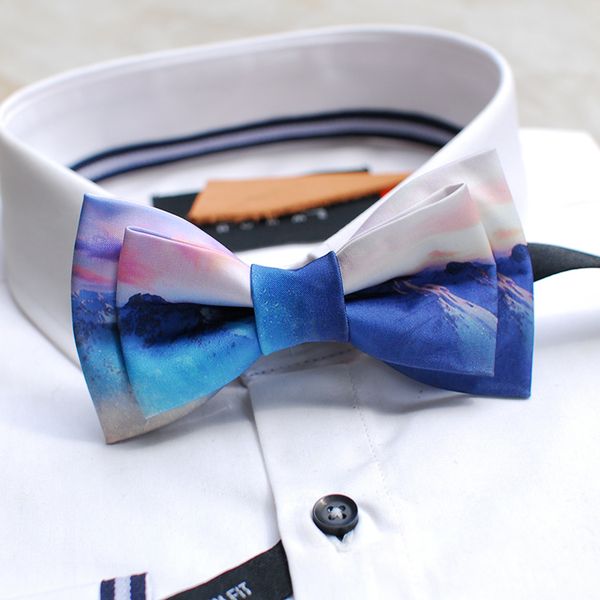 

as a gift fashion handmade retro blue snow mountain design creative black bow tie/ party wedding box packing 1pc, Black;blue