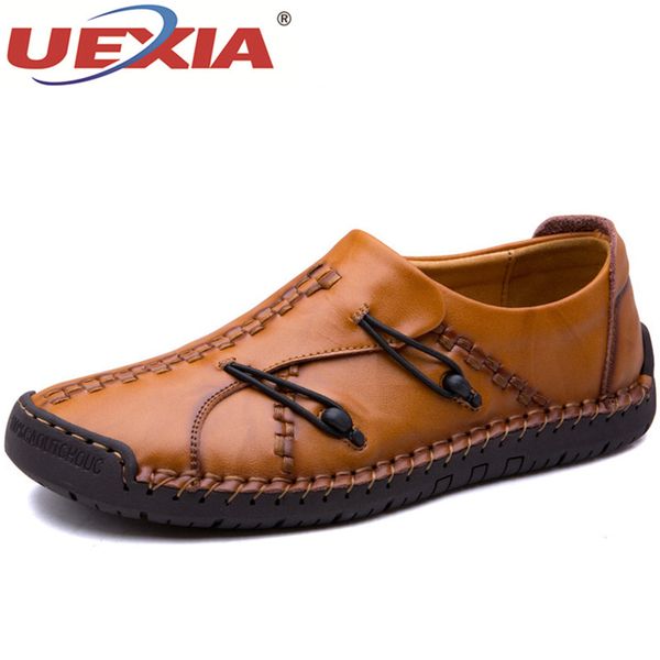 

uexia handmade leather loafers moccasin slip on sneakers flats outdoor causal men shoes male footwear boat, Black