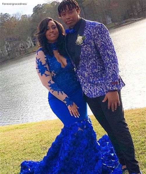 

royal blue long sleeves prom dresses 2019 new african black girls mermaid high neck holidays graduation wear evening party gowns, White;black