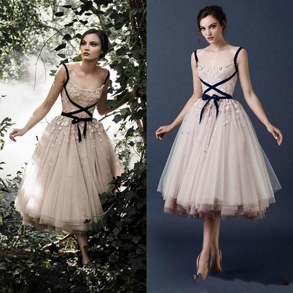 

2019 new paolo sebastian blush pink applique beads prom dresses square neckline tea-length tulle formal party gowns amazing dresses, Black