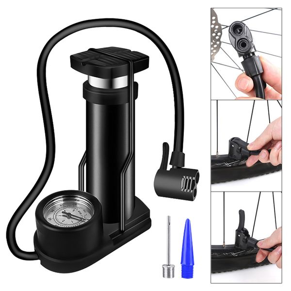 

mini motorcycle bicycle tire pump foot activated pump tyre inflator pressure gauge inflation needle inflatable device valve