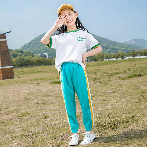 

clothing sets teenage girls sports suit 2021 summer child tracksuit short sleeve t shirt+casual pants sweet teen clothes 11 12 13 14 cloth, White