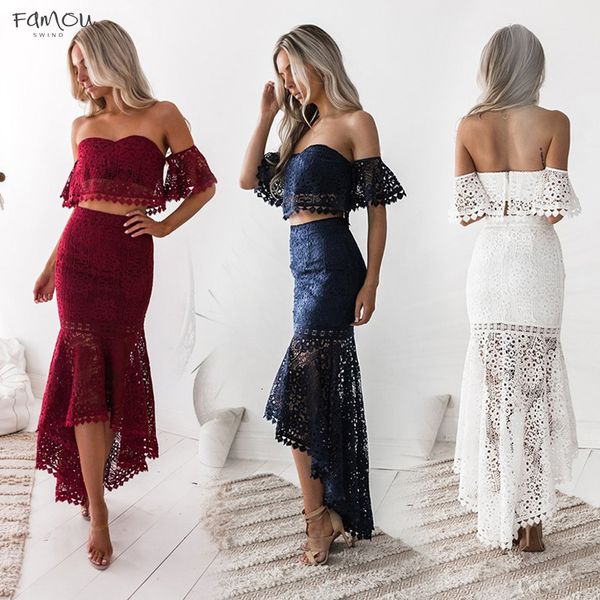 

Women Sexy Party Suit Two Piece Sets Party Outfits White De Bodycon Strapless Crop Top Pencil Skirt Vestidos Lace Fiesta