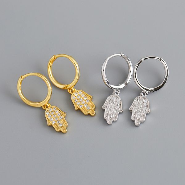 

925 sterling silver earring fashion zircon palm shaped shape short drop earring trend cute sweet girl women silver ear jewelry