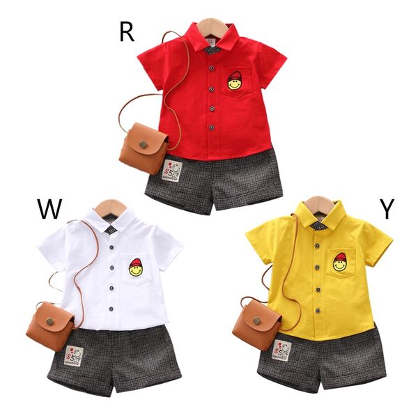 

2pcs/set 2019 summer children baby boys casual short sleeve cartoon print t-shirt +plaid shorts costume set, White