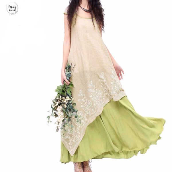 

5xl boho лето макси платье цветочные слои вышивка повседневная винтаж o шеи два длинных пляжа платье vestidos плюс размер, Black;gray